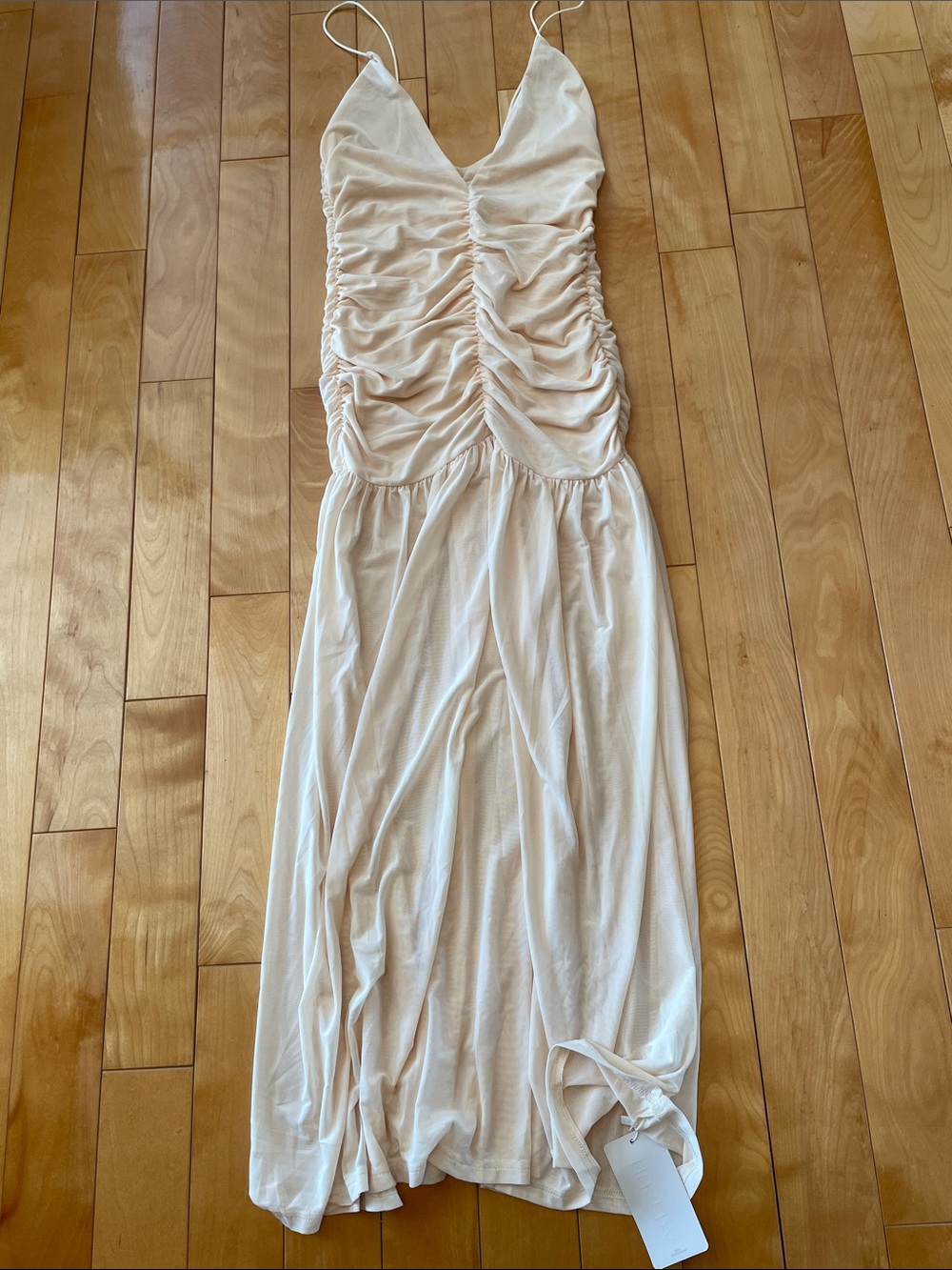 M    NWT  Ruched V-Neck SHEER Slip Dress in Cream